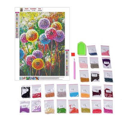 DIY 5D Colorful Dandelion Pattern Canvas Diamond Painting Kits, with Resin Rhinestones, Sticky Pen, Tray Plate, Glue Clay, for Home Wall Decor Full Drill Diamond Art Gift