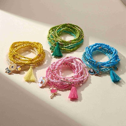 8 pcs 8 styles ensemble de bracelets extensibles en perles de verre, breloques en alliage d'émail et de pampilles en coton bracelets empilables pour femmes