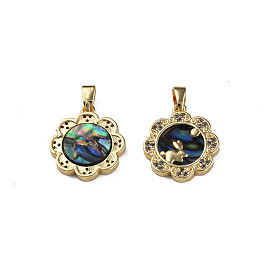 Brass Micro Pave Cubic Zirconia Pendants, with Synthetic Abalone Shell/Paua Shell, Real 18K Gold Plated, Nickel Free, Flower with Rabbit