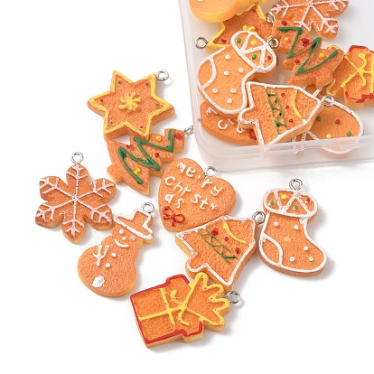 18Pcs 9 Styles Christmas Theme Opaque Resin Pendants, with Platinum Tone Iron Loops, Imitation Gingerbread, Mixed Shapes