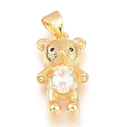 Brass Micro Pave Cubic Zirconia Pendants, Long-Lasting Plated, Inlay Bear Shape, Real 18K Gold Plated