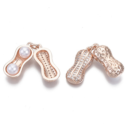 Brass Micro Cubic Zirconia Pendants, with ABS Plastic Imitation Pearl Beads and Loop, Peanut