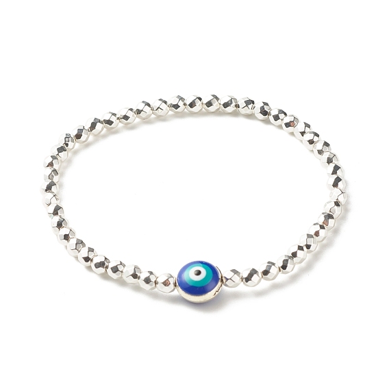 Bracelet extensible énergétique en perles d'hématite synthétique pour adolescente femme, mauvais œil alliage alliage émail perles bracelet, bleu moyen