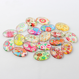 Multi-Color Floral Pattern Theme Ornaments Glass Oval Flatback Cabochons