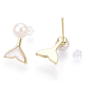 Whale Tail Natural White Shell & Pearl Stud Earrings, Brass Earring with 925 Sterling Silver Pins