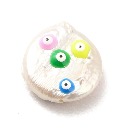 Natural Baroque Pearl Keshi Pearl Beads, with Colorful Enamel, Flat Round with Evil Eye