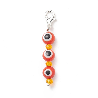 7 Chakra fait à la main au chalumeau mauvais œil perlé pendentif décorations, fermoir mousqueton en alliage de zinc avec perles à facettes en verre, breloques à clipser