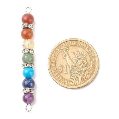 Chakra Natural & Synthetic Gemstone Connector Charms, with Platinum Tone Brass Crystal Rhinestone Findings, Round
