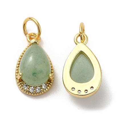 Natural Gemstone Teardrop Charms, with Rack Plating Brass Micro Pave Clear Cubic Zirconia Findings and Jump Ring, Cadmium Free & Lead Free, Real 18K Gold Plated