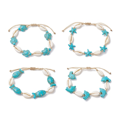 Bracelets de cheville en coquillages naturels et perles synthétiques tressées turquoise