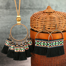 Комплект серег с геометрическим ожерельем ручной работы из ткани с кисточками для женщин