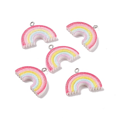 Opaque Resin Pendants, with Platinum Tone Iron Loops and Glitter Powder, Rainbow