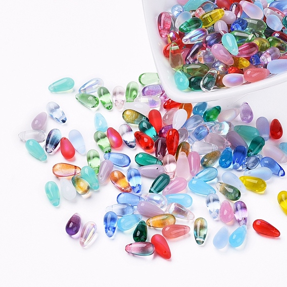 Perles de verre tchèques, galvanisé / teint / transparent / imitation opalite, perles percées, larme