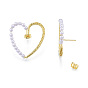 Heart Brass Stud Earring for Women, with ABS Plastic Pearl Beads, Nickel Free