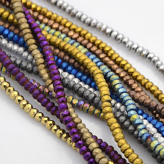 Electroplate Non-magnetic Synthetic Hematite Beads Strands, Frost or Smooth, Faceted Rondelle, 3x2mm, Hole: 1mm, about 214pcs/strand, 15.7 inch