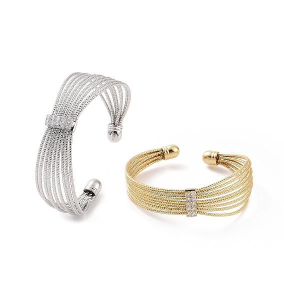 Bracelet manchette ouvert multi-rangs en zircone cubique transparente, bijoux en laiton platine pour femme