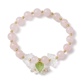 Bracelets extensibles en quartz rose naturel papillon, avec des breloques de fleurs en acrylique