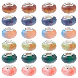 24 pcs 6 couleurs perles européennes en résine rondelle, Perles avec un grand trou   , pierres d'imitation, laiton avec ton argent noyaux doubles