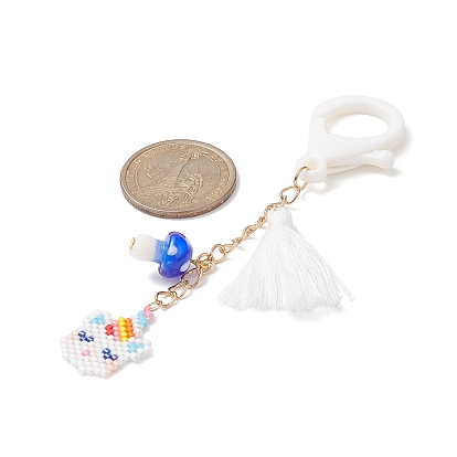 Licorne métier à tisser fait main motif perles de rocaille pendentif décorations, avec des breloques champignon et pompon au chalumeau, fermoir