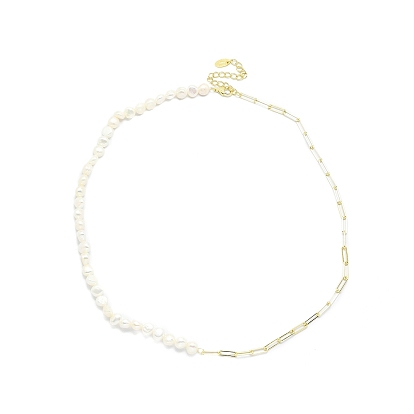 Natural Freshwater Pearl Beaded Necklaces with 925 Sterling Silver Paperclip Chain for Women, with S925 Stamp