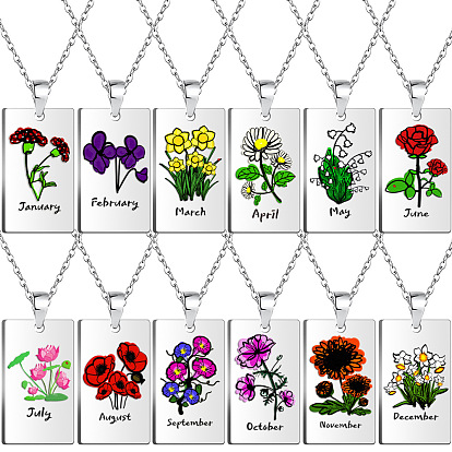 Rectangle with Birth Flower Stainless Steel Pendant Necklace for Women