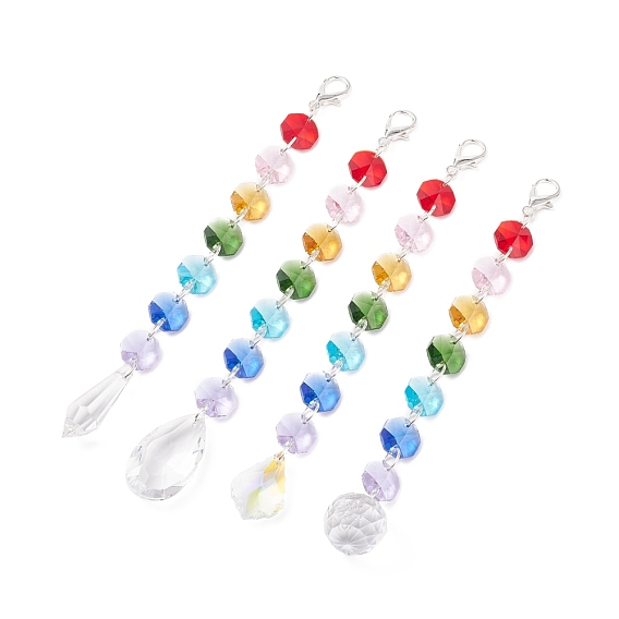 Electroplate Octagon Glass Beaded Pendant Decorations, Suncatchers, Rainbow Maker, with Alloy Lobster Claw Clasps, Clear Faceted Glass Pendants, Cone/Round/Teardrop/Leaf/Mixed