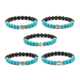 Bracelet extensible rond turquoise synthétique & pierre de lave naturelle, bracelet de pierre de puissance de diffuseur d'huile avec des perles d'alliage pour des femmes