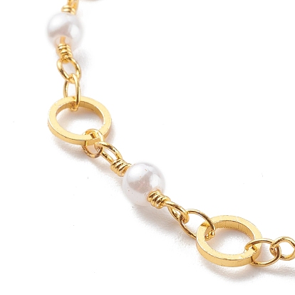 Brass Ring Link Chain Bracelets, with Round Glass Beads and Lobster Claw Clasps, White