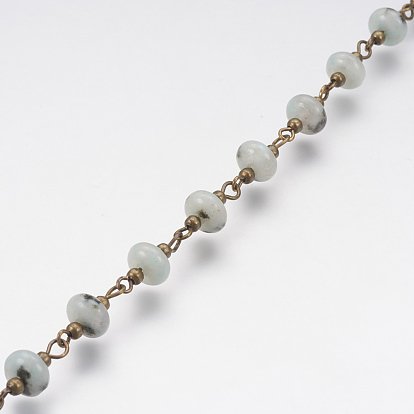 Chaîne perlée à la main naturelle de pierre gemme, non soudée, avec épingle à oeil en fer et perles en fer, bronze antique