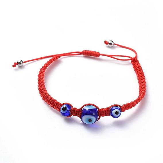 Bracelets de perles de nylon tressés réglables, avec des perles faites à la main avec des yeux pervers et des perles entretoises rondes en acier inoxydable 304