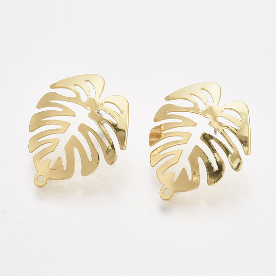 Tropical Theme Iron Stud Earring Findings, with Steel Pins and Hole, Monstera Leaf