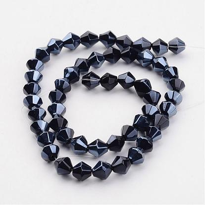 Electroplate Glass Beads Strands, Pearl Luster Plated, Bicone, Black