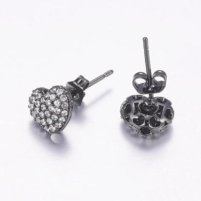 Brass Micro Pave Cubic Zirconia Stud Earrings, with Ear Nuts, Heart