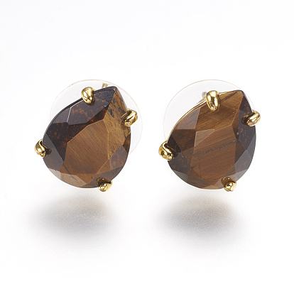 Boucles d'oreilles pierres précieuses stud, avec les accessoires en laiton de tonalité d'or, larme à facettes