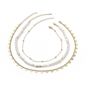 3 pcs 3 ensemble de colliers de chaîne satellite en laiton de style, colliers empilables en perles naturelles avec breloques en forme de cœur pour femmes