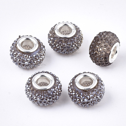 Rhinestone de résine de perles européennes, Perles avec un grand trou   , en laiton de tonalité de platine noyaux doubles, couleur ab , rondelle, perles baies