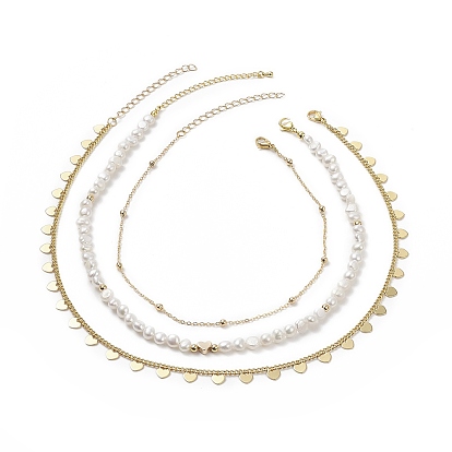 3 piezas 3 conjunto de collares de cadena satélite de latón estilo, Collares apilables con cuentas de perlas naturales y colgantes de corazón para mujer.