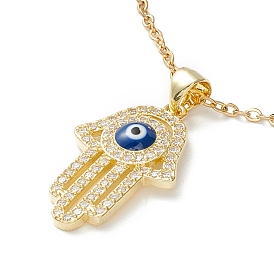 Clear Cubic Zirconia Hamsa Hand with Evil Eye Pendant Necklace, 304 Stainless Steel Jewelry for Women