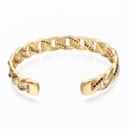 Brass Micro Pave Cubic Zirconia Curb Chain Cuff Bangles, Nickel Free, Real 16K Gold Plated