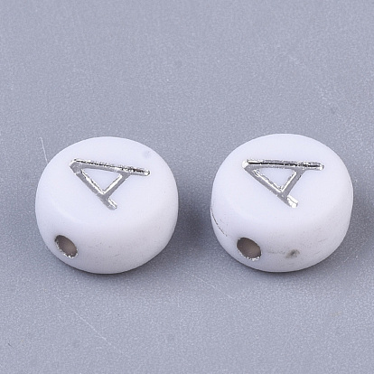 Plating Acrylic Beads, Silver Metal Enlaced, Horizontal Hole, Flat Round with Letter, White