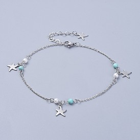 304 Stainless Steel Charm Anklets, with Synthetic Turquoise Beads and Glass Pearl, Starfish/Sea Stars