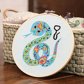 DIY Snake Pattern Embroidery Kits, Including Printed Cotton Fabric, Embroidery Thread & Needles, Bamboo Embroidery Hoops