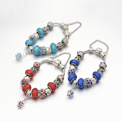 Alliage de couronne strass émail européens bracelets de perles, avec résine perles européennes, chaînes en laiton et en alliage fermoirs