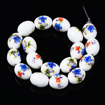 Handmade Porcelain Ceramic Beads Strands, Flower Printed, Oval