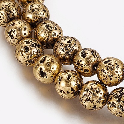 Electroplated Natural Lava Rock Beads Strands, Long-Lasting Plated, Round
