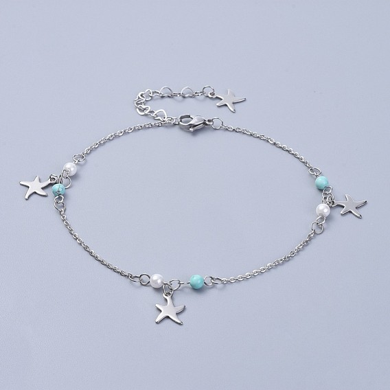 304 inoxydable anklets de charme en acier, avec perles de turquoise synthétiques et perle de verre, étoile de mer / étoiles de mer