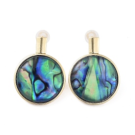 Natural Paua Shell Flat Round Stud Earrings, Brass Earrings and 925 Sterling Silver Pins