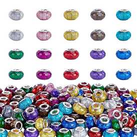 Resin European Beads, Large Hole Beads, with Silver Color Plated Brass Cores, Faceted, Rondelle, Large Hole Beads