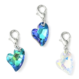 Heart Glass Pendant Decoration, with Zinc Alloy Lobster Claw Clasps