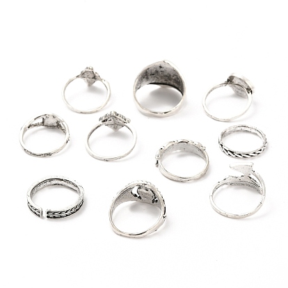 Zinc Alloy Finger Rings Sets, for Women, Rhombus & Triangle & Arrow & Flat Round & Feather